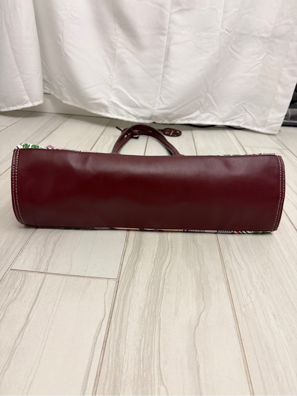 Tory Burch Large Ella Tote Geometric Floral Scarf Print Burgundy Leather Logo - Picture 11 of 15